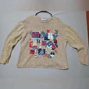 VTG Heirloom Collectibles Christmas Collection Womens Tan Sweater SZ L Y2K